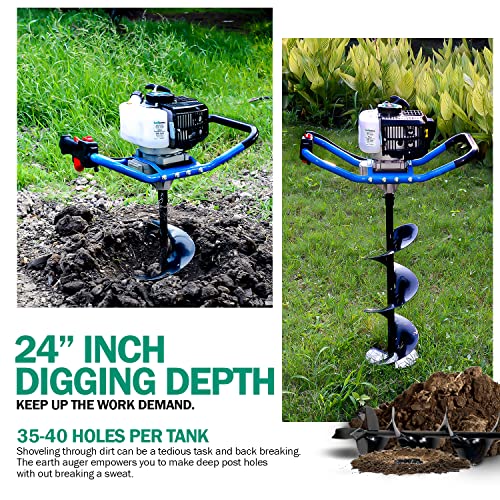 Landworks Earth Auger Power Head Heavy Duty 3HP 52cc 2 Stroke Gas Engine w/Steel 8"x24" Bit w/Fishtail One Man Post Hole Digger for Planting, Earth Burrowing/Drilling & Fences EPA/CARB Compliant
