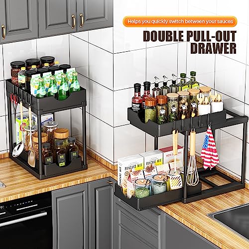 ARSTPEOE 2 Pack Double Sliding Under Sink Organizers and Storage,Two Tier Bathroom Storage and organization,Under Cabinet Organizer with Hooks Hanging Cup,Home Organization,Black