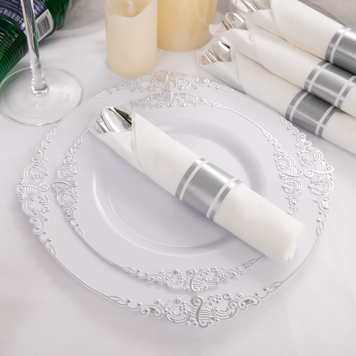 Liacere 30 Pack Silver Plastic Silverware Set with Pre Rolled Napkins - Heavy Duty Disposable Silver Plastic Utensils - Include 90PCS Silver Plastic Cutlery, 30Napkins for Wedding & Party