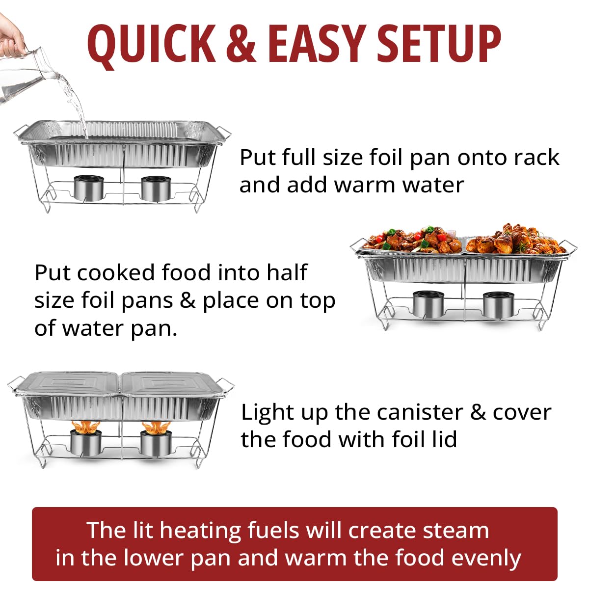Disposable Chafing Dish Buffet Set, 33 Piece of Chafing Servers with Food Warmers, Covers, Half-Size Food Pans, Water Trays, Serving Utensils, Foil Lids and 2.5H Fuel Cans for Parties, Catering