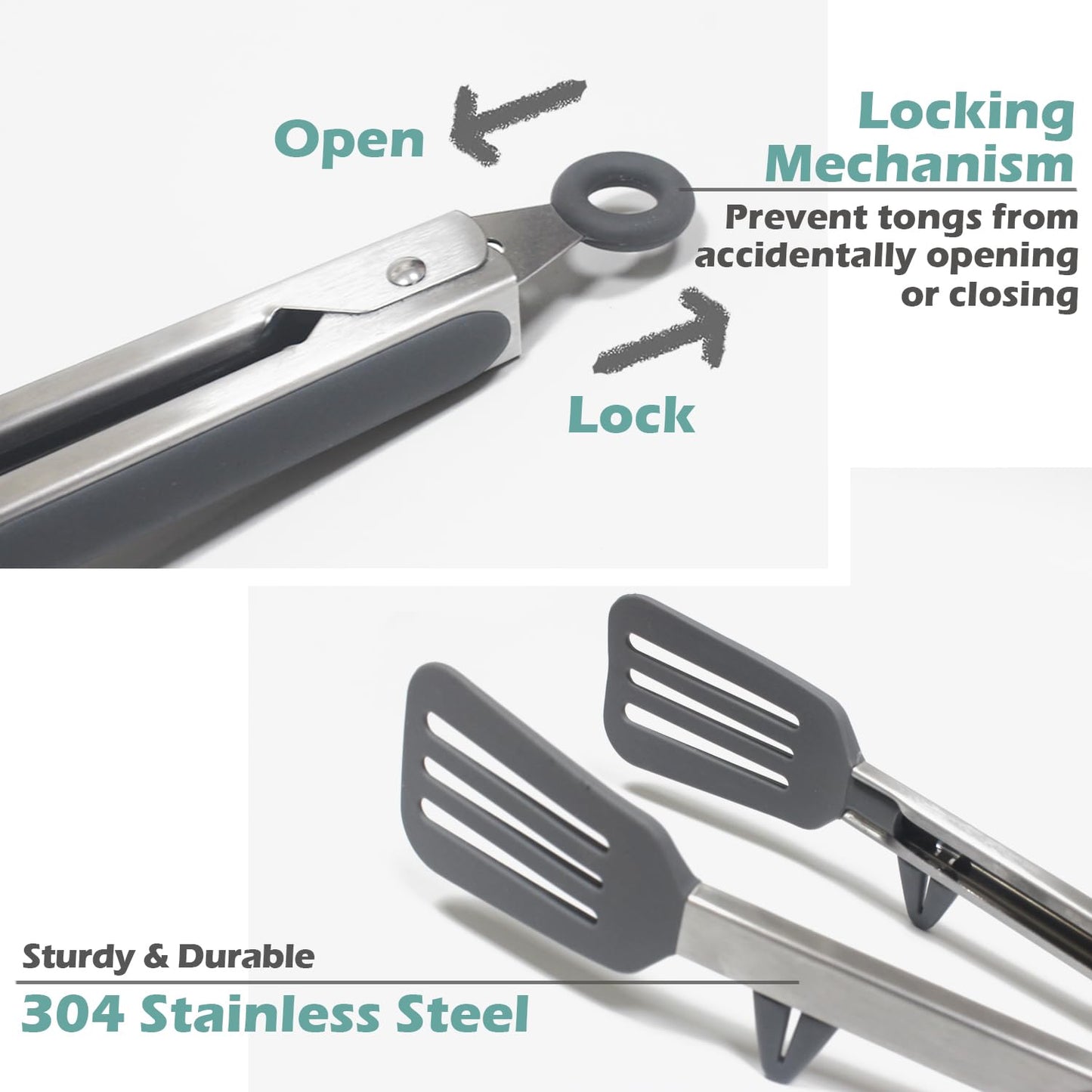 Kitchen Tongs, 12" Tongs for Cooking with Silicone Tips, Food Grade Small Silicone Tongs, 3 Types of Mini Serving Tongs for BBQ Salad, Grey