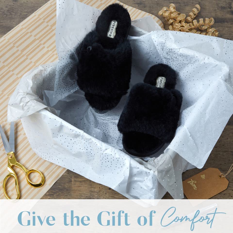 Dearfoams Women's Fireside Cairns Shearling Easy on/Off Slide Sandal Slipper, Black, 9