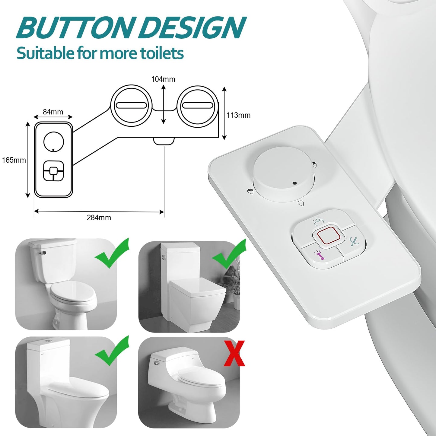 SAMODRA Bidet Attachment, Non-Electric Cold Water Bidet Toilet Seat Attachment with Pressure Controls, Retractable Self-Cleaning Dual Nozzles for Frontal & Rear Wash - White