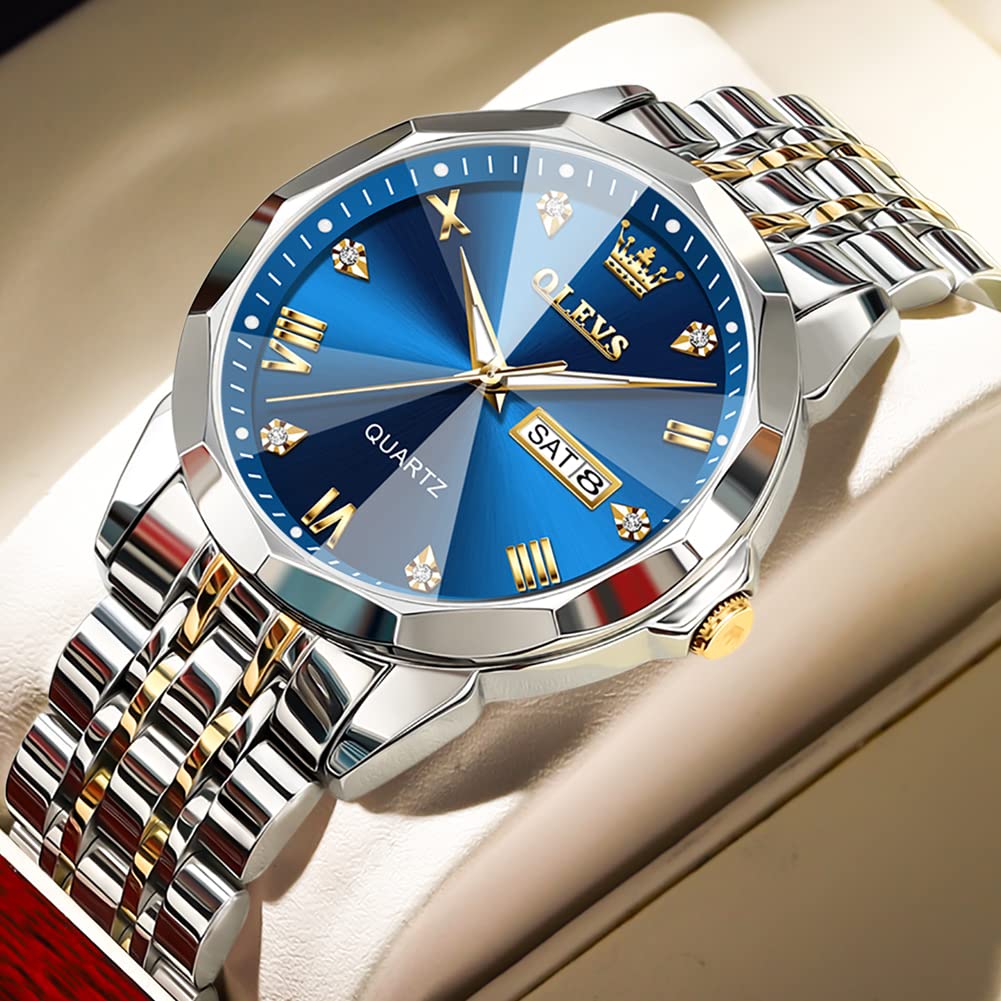 OLEVS Men Watches Business Dress Diamond Analog Quartz Date Luxury Wrist Watch Blue Casual Stainless Steel Waterproof Luminous Two Tone Watch for Men