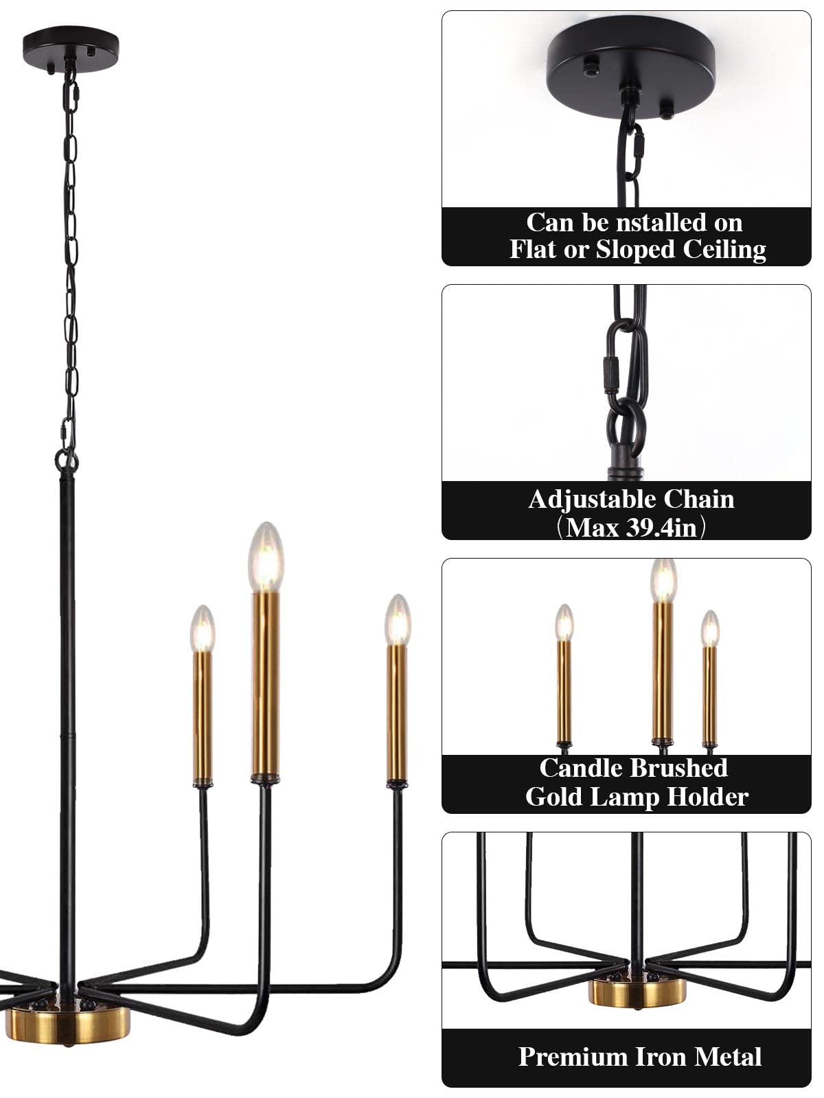 ETONIMERR Modern Farmhouse Chandelier Light Fixture Ceiling Hanging, 6-Light Black and Gold Industrial Chandelier for Dining Room, Rustic Candle Pendant Light for Kitchen Island, Living Room