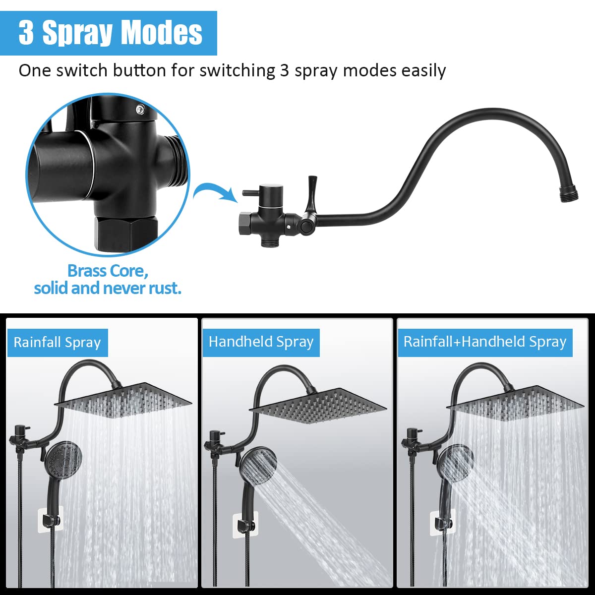 Taiker Shower Head, 8 Inch High Pressure Rainfall Shower Head/Handheld Showerhead Combo with 11.5 Inch Adjustable Curved Arm, Anti-leak Shower Head with Holder/Hose, Flow Regulator, Chrome (Black)