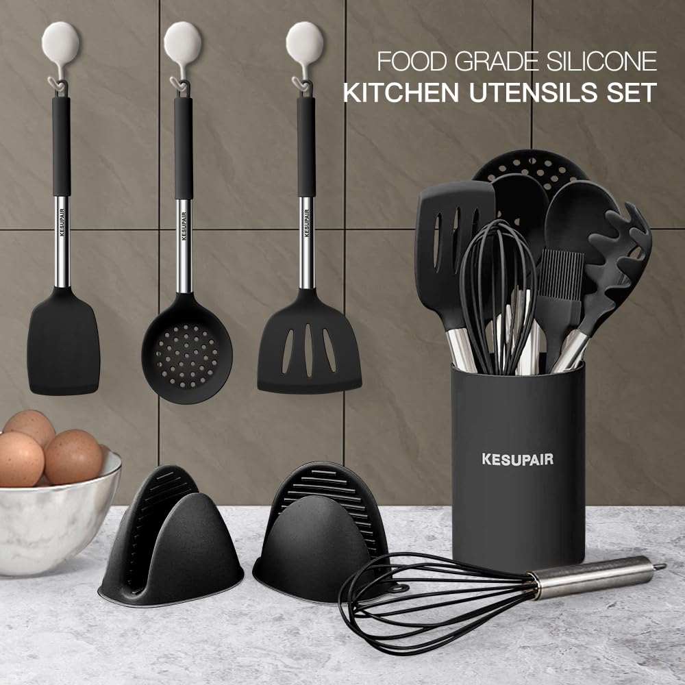 Kesupair Silicone Kitchen Utensils Set, 20 pcs Cooking Utensils Set-Cooking Utensil - Kitchen Gadgets and Tools with Holder-Stainless Steel Kitchen Utensil with Grater,Turner,Tongs (Black)