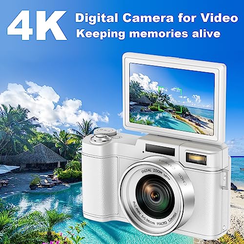 4K Digital Camera for Photography, Autofocus 48MP Vlogging Camera for YouTube with 16X Digital Zoom, White Camera, 3’’180°Flip Screen Compact Video Camera with Liftable Flash, SD Card&2 Batteries