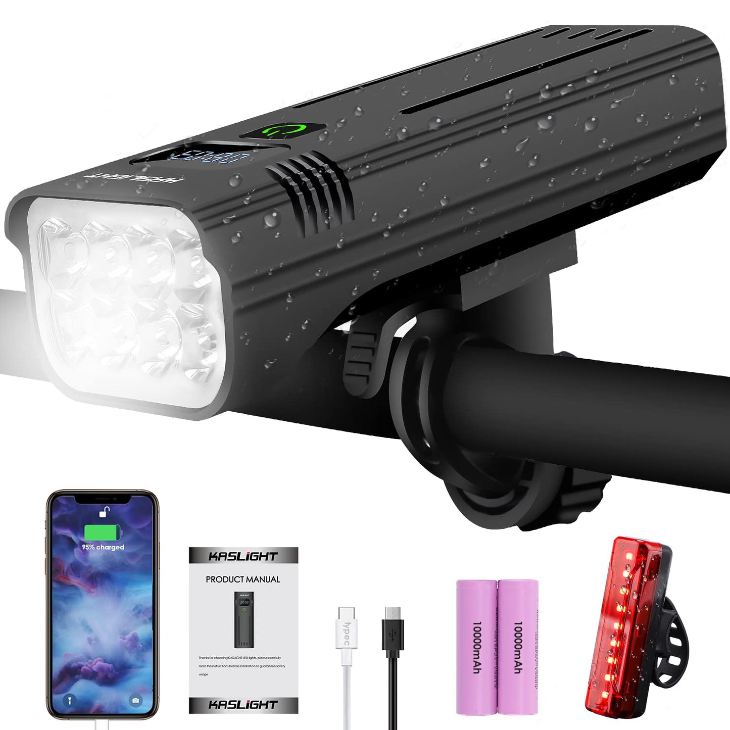 Bike Lights, KASLIGHT 8 LED Rechargeable Bike Light, 10000mAh Bright Bike Lights Front and Back 5modes Digital Display USB Bicycle Light, Bike Headlight Runtime 18+Hrs for Road Mountain Cycling