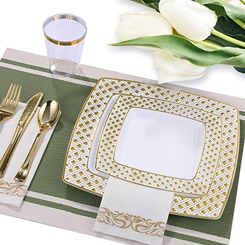 175 Piece Gold Dinnerware Set 25 Guest-50 Diamond Square Plastic Plates-25 Gold Plastic Silverware-25 Gold Plastic Cups-25 Linen Like Gold Paper Napkins, FOCUSLINE Disposable Dinnerware Set
