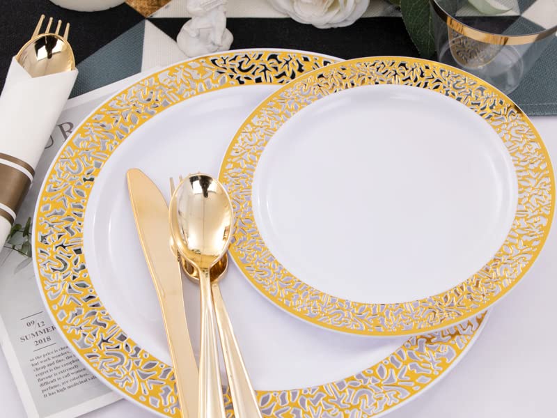 WELLIFE 350 Pieces Gold Plastic Dinnerware,Disposable Gold Lace Plates, Include:50 Dinner Plates,50 Dessert Plates, 50 Pre Rolled Napkins with Gold Silverware and 50 Cups