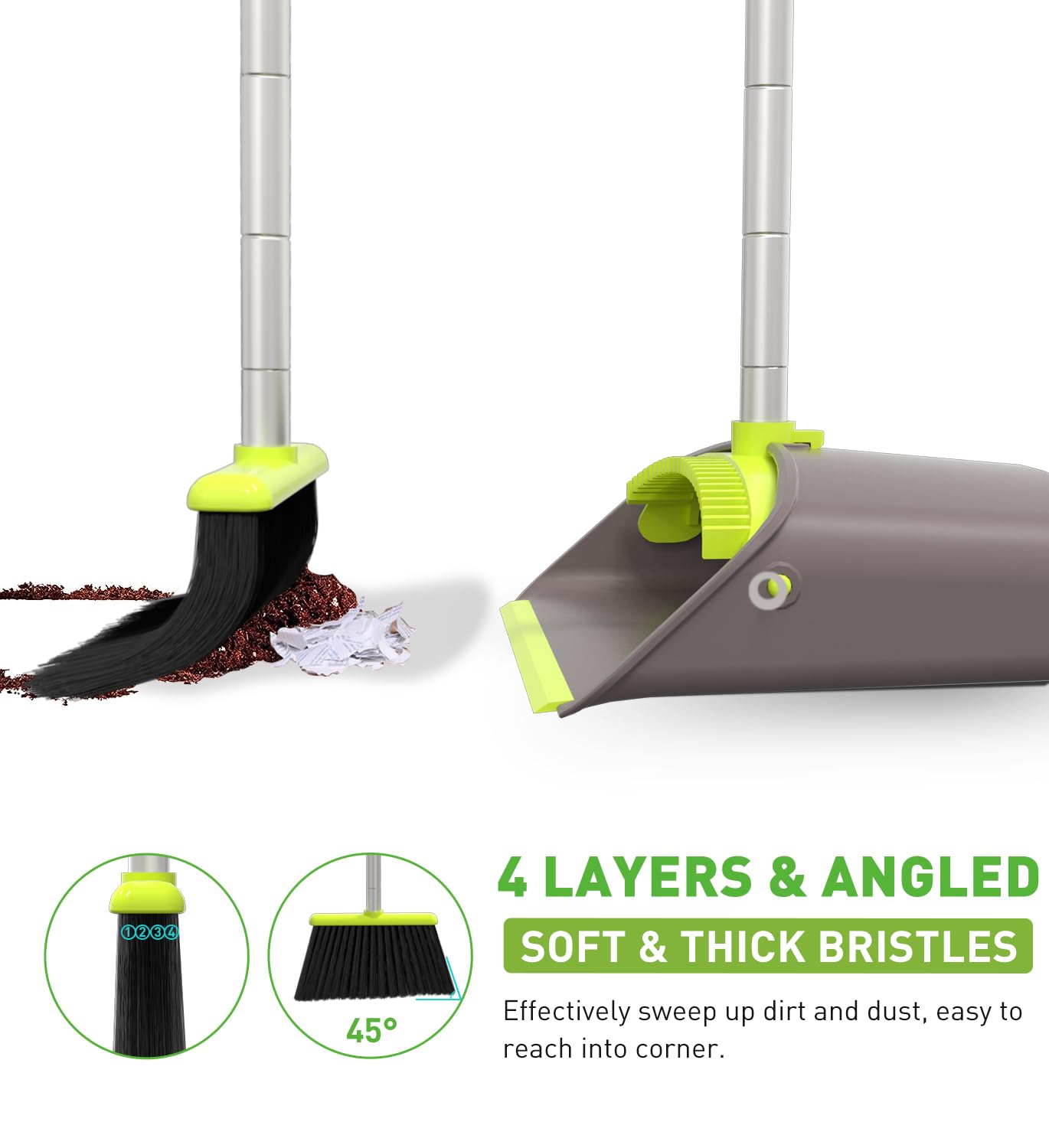 Broom with Dustpan Combo Set, Broom with Stand Up Dustpan, Broom and Dust Pan Set with Long Handle