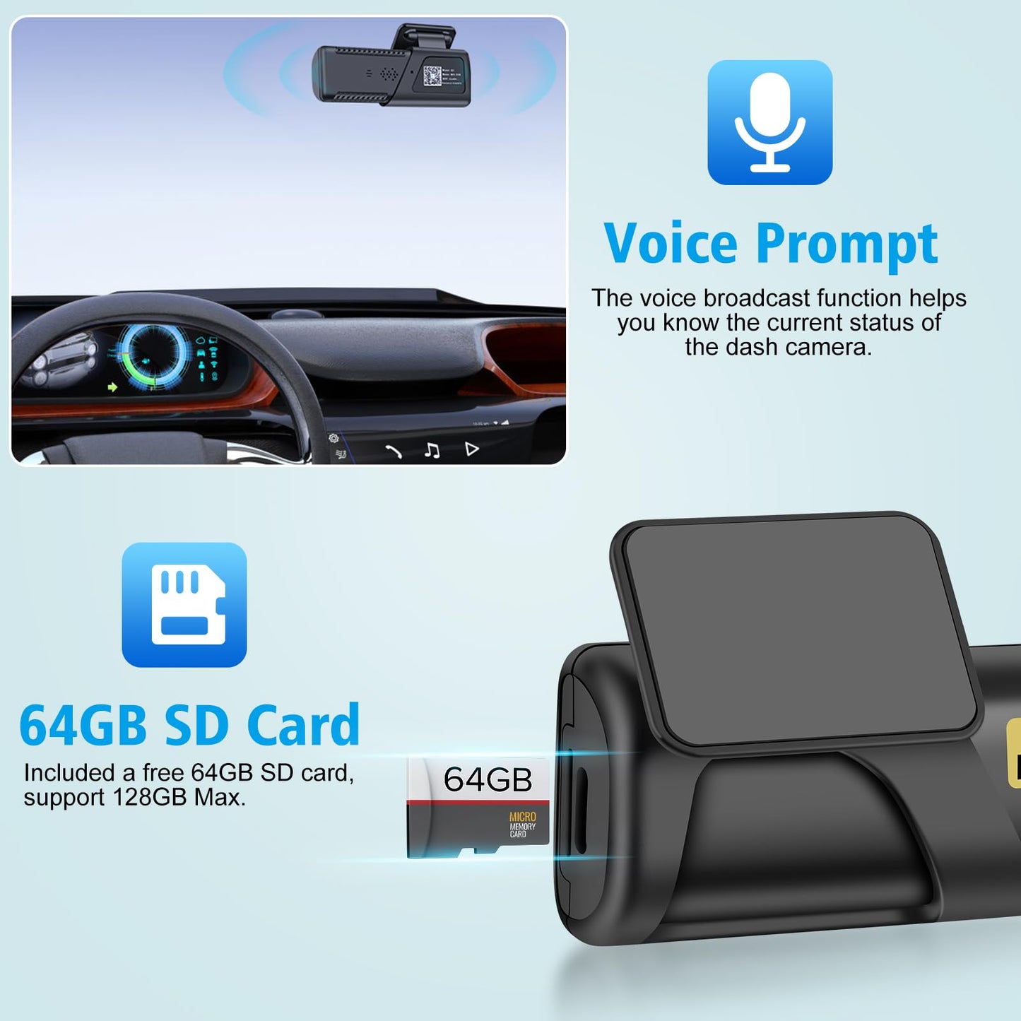 Dash Cam, WiFi FHD 1080P Dash Camera for Cars, Mini Car Camera, Dash Cam Front with Free 64GB SD Card, 160° Wide Angle, Night Vision, Loop Recording, 24H Parking Monitor, Support 128GB Max