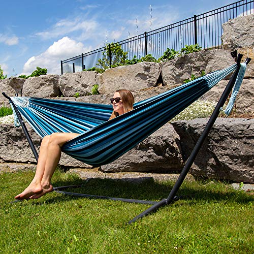 Vivere Double Cotton Hammock with Space Saving Steel Stand, Blue Lagoon (450 lb Capacity - Premium Carry Bag Included)