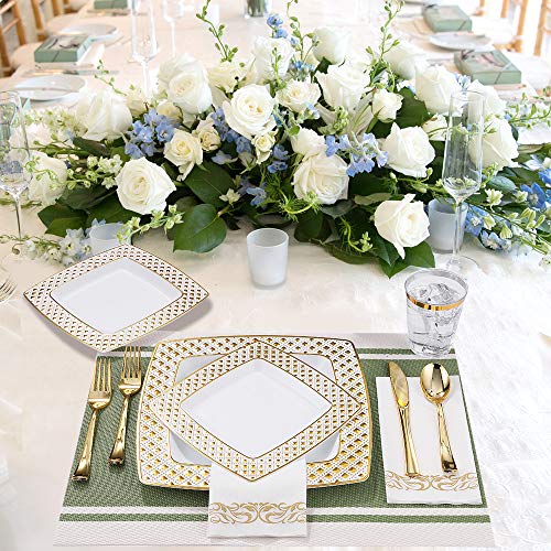 175 Piece Gold Dinnerware Set 25 Guest-50 Diamond Square Plastic Plates-25 Gold Plastic Silverware-25 Gold Plastic Cups-25 Linen Like Gold Paper Napkins, FOCUSLINE Disposable Dinnerware Set