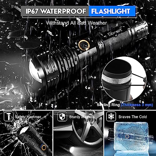Goreit Flashlights LED High Lumens Rechargeable, 20000 Lumens XHP70.2 Super Bright Flashlight, Flash Light Battery Powered, Powerful Handheld Flashlights with holster for Emergency Camping Hiking Gift