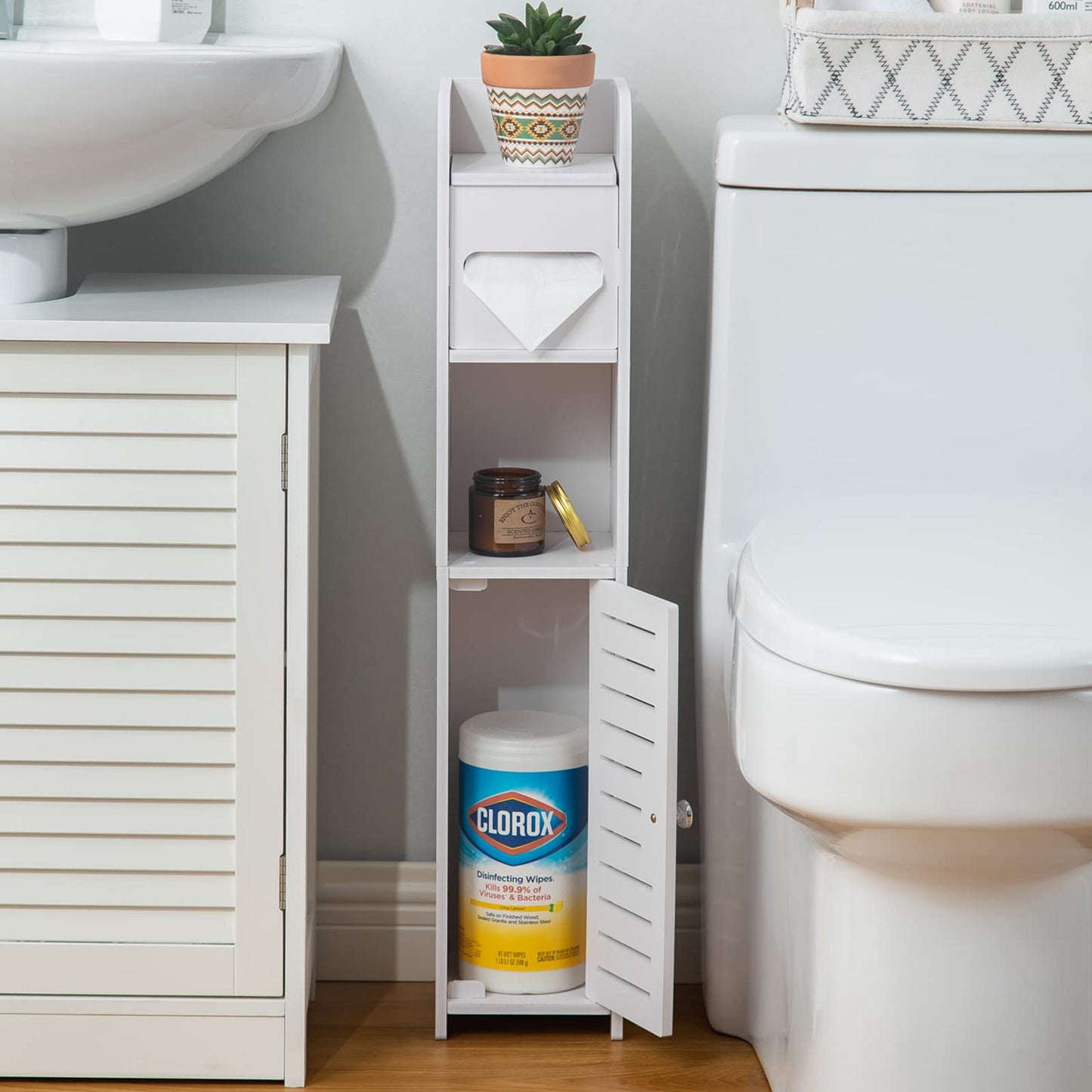 AOJEZOR Toilet Paper Holder Stand, Small Bathroom Storage Cabint (30.5" H Small Size(fit Small roll), White)