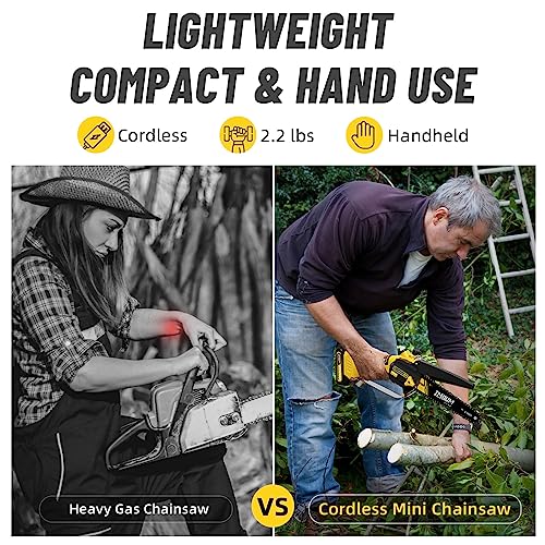 Mini Chainsaw Cordless 6'' with 2×21V Battery, IMOUMLIVE Brushless Powerful Electric Small Hand Portable Chain Saw with Auto Oiler, Lightweight, 2.2 lbs, Handheld, Easy For Pruning, Cutting, Trimming
