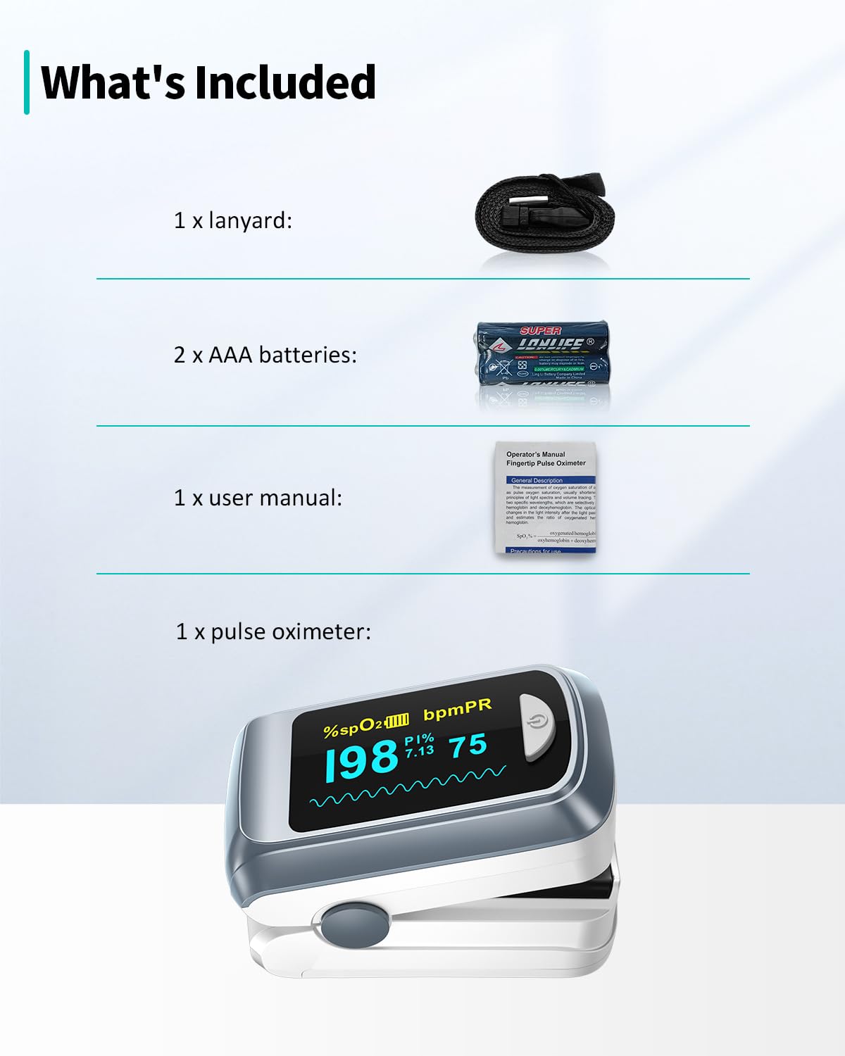 HealthTree Bluetooth Pulse Oximeter Fingertip, Blood Oxygen Saturation Monitor and Heart Rate Monitor with Free APP, for Apple and Android, 2 X AAA Batteries, Lanyard