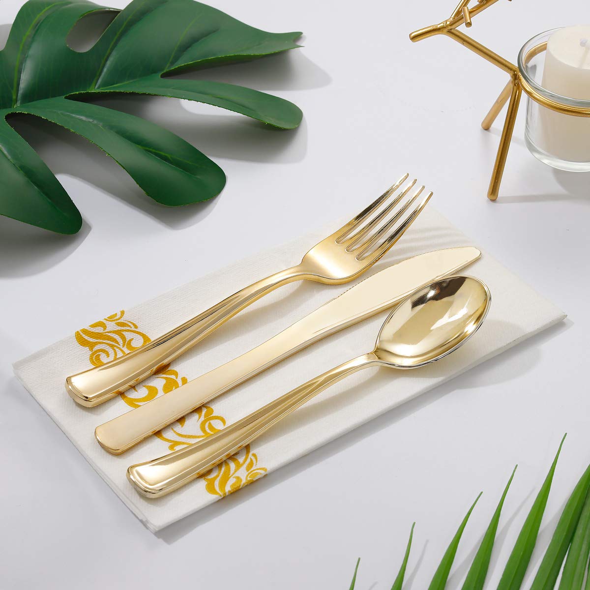 I00000 300 Pcs Gold Plastic Plates with Gold Silverware, White&Gold Plastic Dinnerware Set for Party include: 60Dinner Plates 10.25", 60Dessert Plates 7.5", 60 Gold Silverware Sets