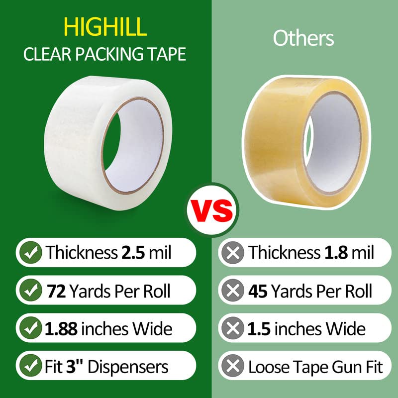 Highill Heavy Duty Packing Tape Thicker Clear Packing Tape for Shipping Packaging Moving Sealing 12 Rolls, Total 864Y 2.5mil, 1.88 inch x 72 Yards