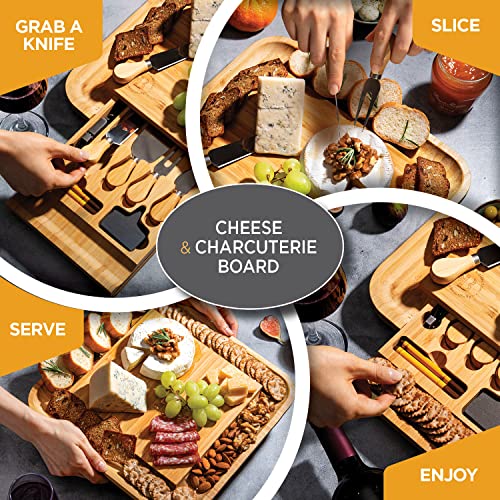 Bambüsi Cheese Board and Knife Set - Premium Bamboo Charcuterie Board Set & Cheese Board Accessories Set - Kitchen Wine & Meat Cheese Serving Platter Wood - Unique Wedding Gifts and Housewarming Gift