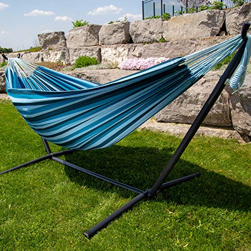 Vivere Double Cotton Hammock with Space Saving Steel Stand, Blue Lagoon (450 lb Capacity - Premium Carry Bag Included)