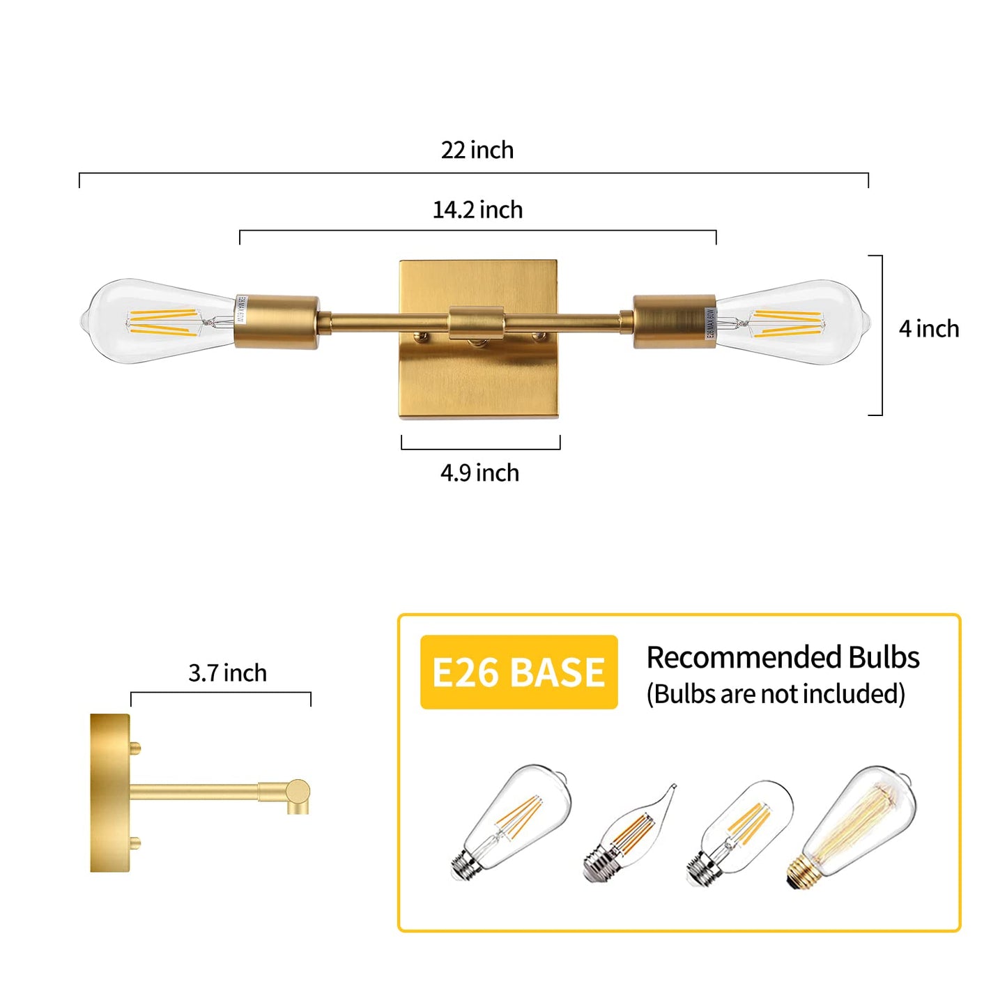Lanhall Gold Bathroom Light Fixtures, 2 Light Mid Century Modern Bathroom Vanity Lighting Brushed Brass Wall Sconce Lights for Bathroom, Mirror, Bedroom, Living Room, Hallway, Entryway E26 Base