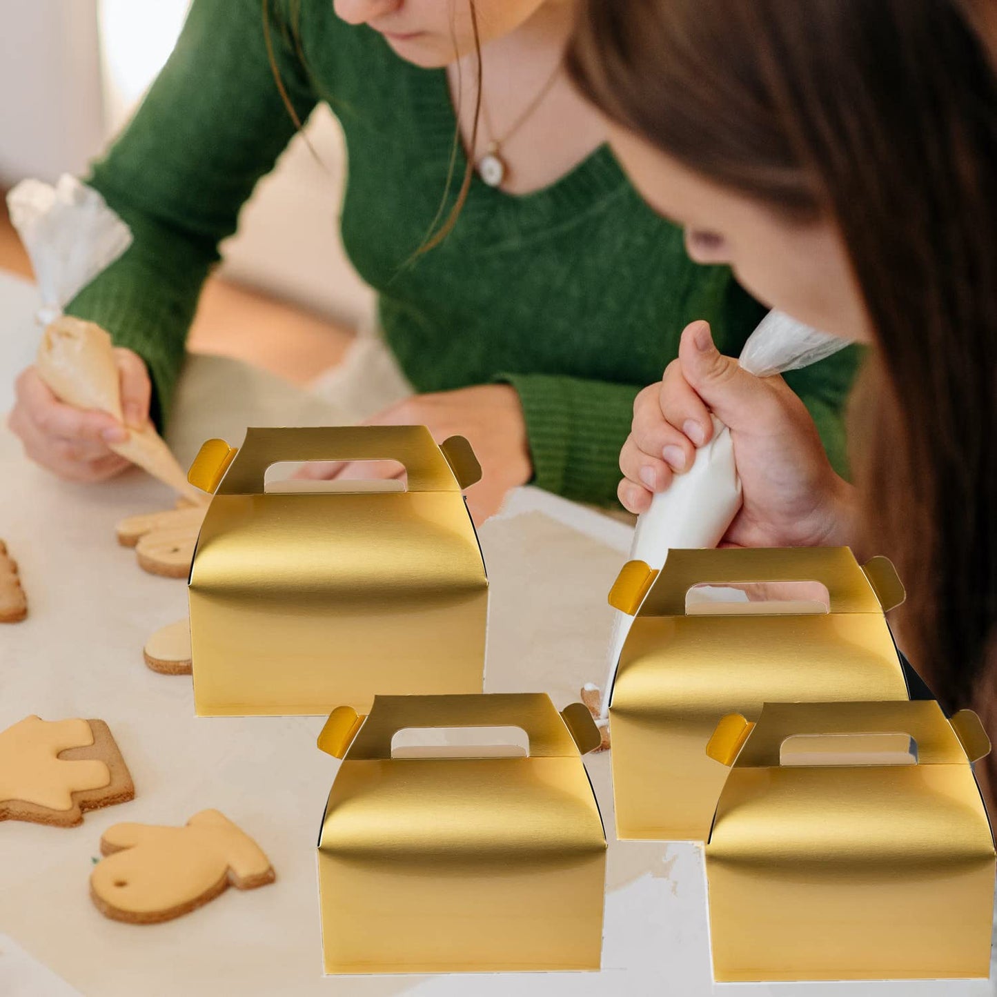 GUIFIER 25 Pack Gold Party Favor Boxes, Small Goodie Gift Boxes, Gable Gift Boxes Paper Candy Treat Boxes with Handles, Cookie Gift Boxes, Bakery Boxes, Picnic Boxes for Wedding Birthday Baby Shower - 6.5 x 3.6 x 3.4 inch