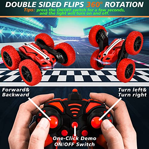 IVGUI Kids Remote Control Car for Boys, Indoor & Outdoor RC Cars Toys, Double-Sided Flip & 360° Rotating RC Car, 4WD 2.4Ghz RC Stunt Car with Headlights, 2 Rechargeable Batteries, Red
