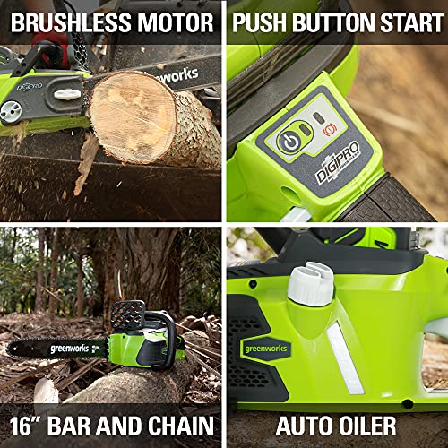 Greenworks 40V 16" Brushless Cordless Chainsaw (Great For Tree Felling, Limbing, Pruning, and Firewood / 75+ Compatible Tools), 4.0Ah Battery and Charger Included