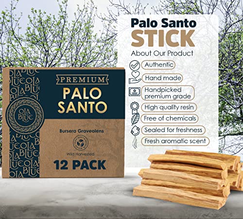 Ola Blue Palo Santo Sticks Premium Resin (12-Pack) Peruvian Authentic - substantially harvested Hand Picked Incense Sticks Energy Cleansing Smudging Sticks – Natural (Holy Wood)