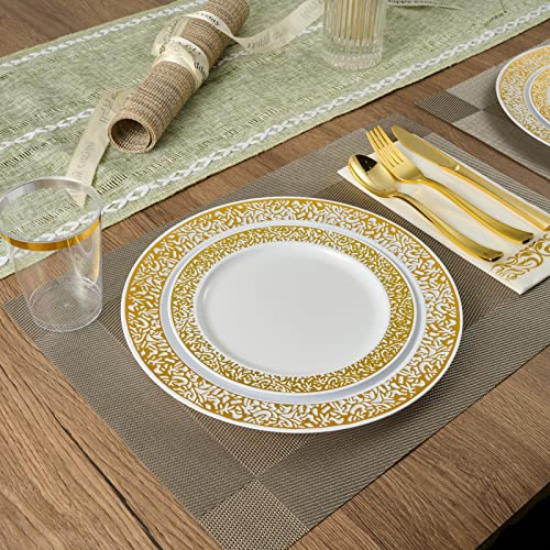 175 Piece Gold Dinnerware Set 25 Guest-50 Gold Lace Plastic Plates-25 Gold Plastic Silverware-25 Gold Plastic Cups-25 Linen Like Gold Paper Napkins, FOCUSLINE Disposable Dinnerware Set