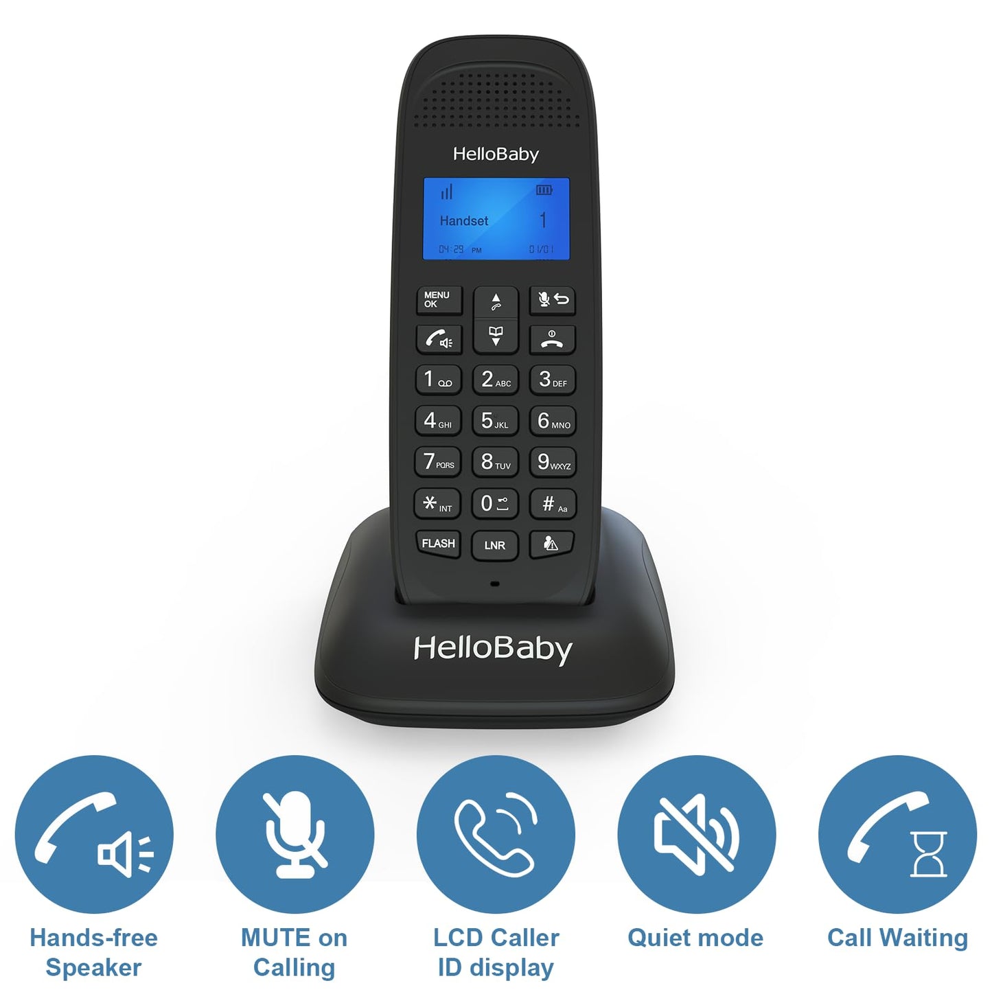 HelloBaby Cordless Phone with 2 Handsets, Advanced Call Block, Expandable Cordless Phone with Trilingual Caller ID/Call Waiting, Full-Duplex Handset Speakerphone(HB1688-2, Black)