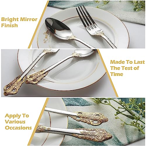 Runfly Gorgeous Baroque Silver Gold 18/10 Stainless Steel 20 Pieces Flatware Set, Anti-rust Stainless Steel Gold Cutlery Set Utensils Including Fork Spoon and Knife with Gift Box