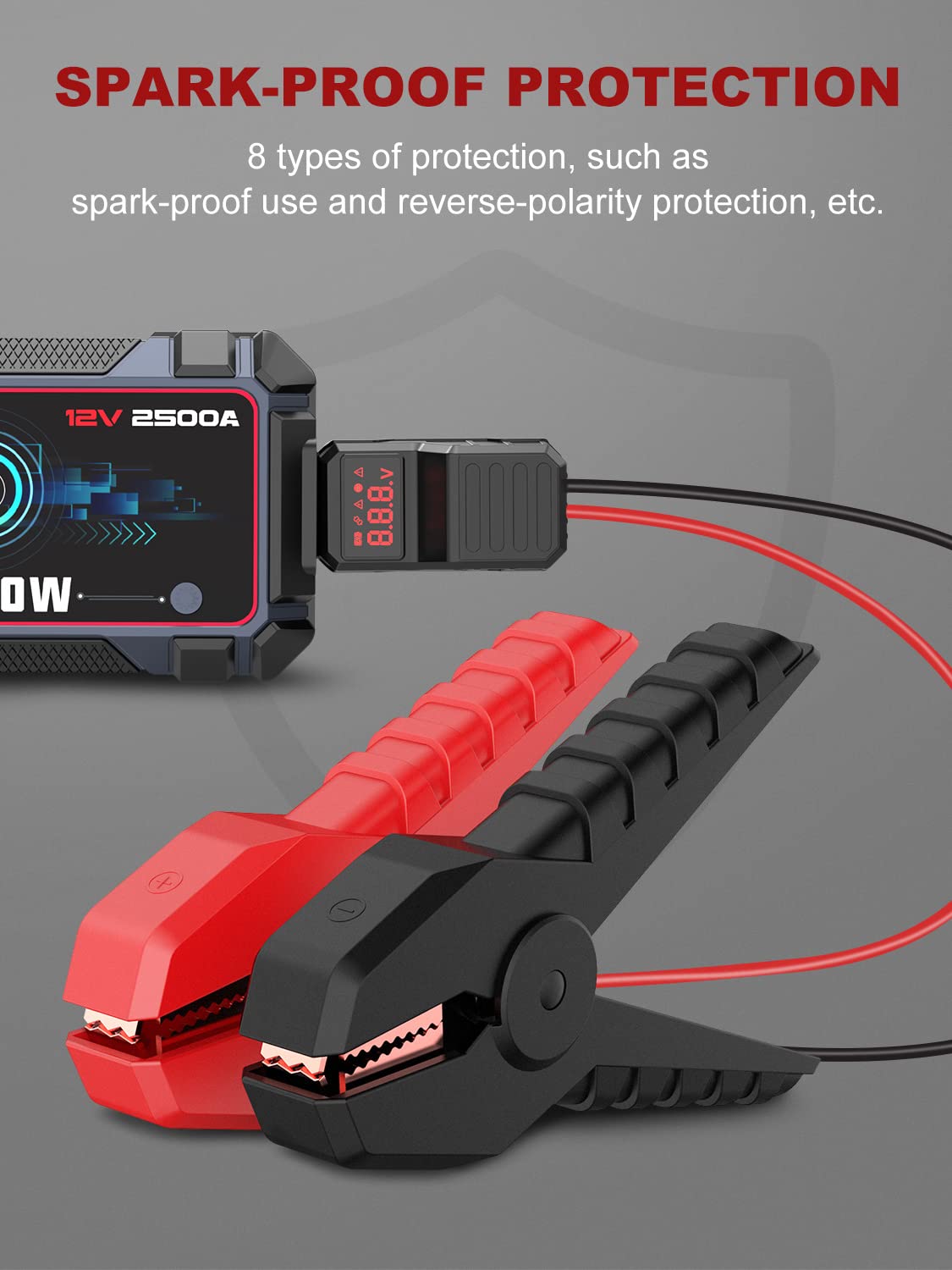 AVAPOW Jump Starter Car Battery 2500A Peak,Portable Jump Starters for Up to 8L Gas 8L Diesel Engine with Booster Function,Wireless Charging Design,12V Lithium Jump Pack with Smart Safety Clamp, IP65