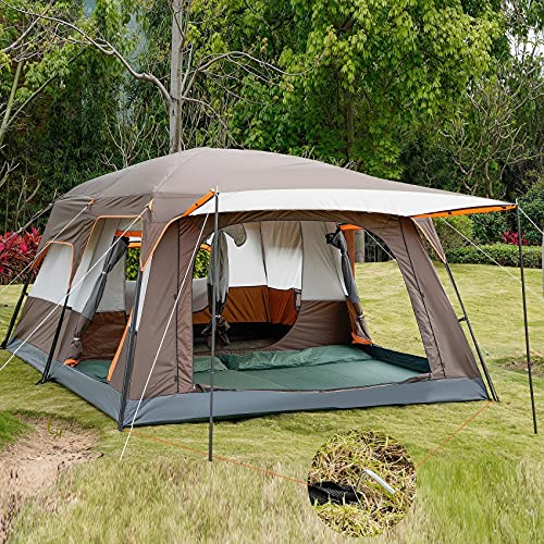KTT Extra Large Tent 10-12 Person(B), Cabin Tents with 2 Rooms, Straight Wall, 3 Doors and 3 Windows with Mesh, Waterproof, Double Layer - Big for Outdoor Camping, Picnic, Family Gathering (Brown).
