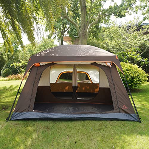 KTT Extra Large Tent 10-12 Person(B), Cabin Tents with 2 Rooms, Straight Wall, 3 Doors and 3 Windows with Mesh, Waterproof, Double Layer - Big for Outdoor Camping, Picnic, Family Gathering (Brown).