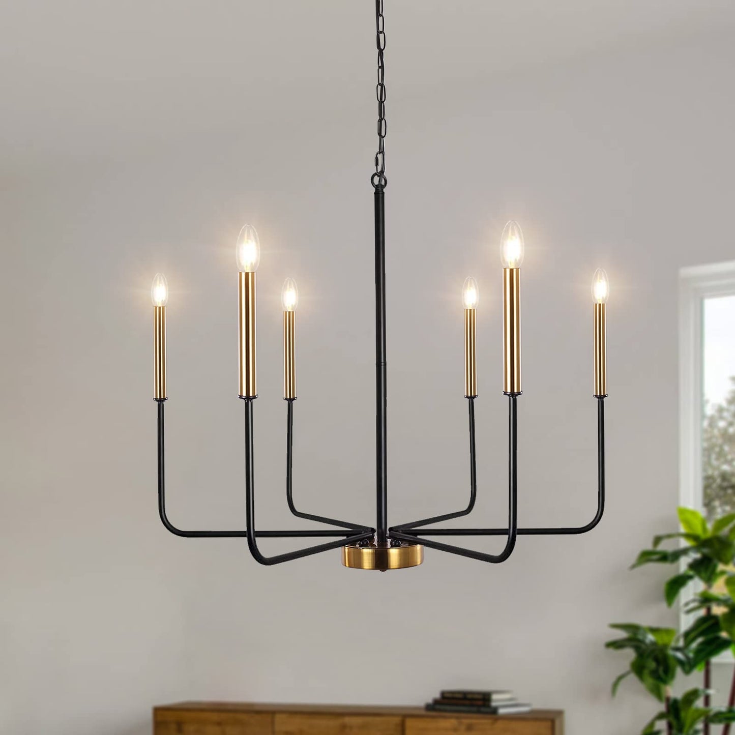 ETONIMERR Modern Farmhouse Chandelier Light Fixture Ceiling Hanging, 6-Light Black and Gold Industrial Chandelier for Dining Room, Rustic Candle Pendant Light for Kitchen Island, Living Room