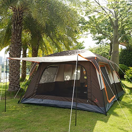 KTT Extra Large Tent 10-12 Person(B), Cabin Tents with 2 Rooms, Straight Wall, 3 Doors and 3 Windows with Mesh, Waterproof, Double Layer - Big for Outdoor Camping, Picnic, Family Gathering (Brown).