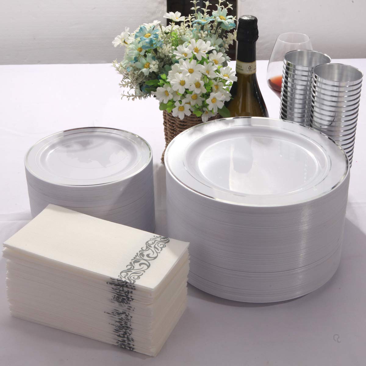 I00000 300 Pieces Silver Plastic Plates with Disposable Silverware, Fancy Tableware Sets include 60 Dinner Plates 10.25", 60 Salad Plates 7.5", 60 Forks, 60 Knives and 60 Spoons Serve for 60 Guest