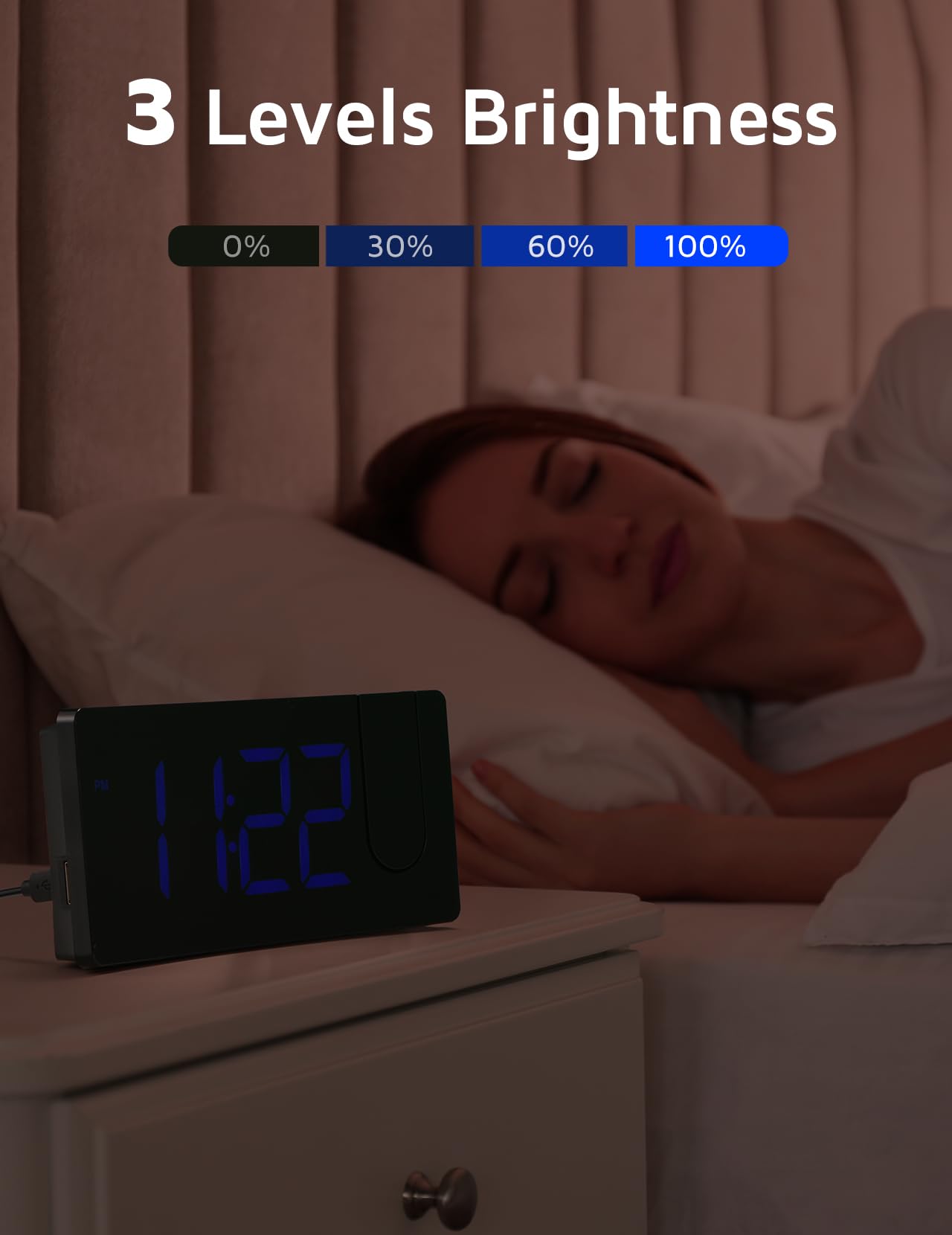 Projection Alarm Clock, Digital Clock with 180° Rotatable Projector, 3-Level Brightness Dimmer, Clear LED Display, USB Charger, Progressive Volume, 9mins Snooze,12/24H, for Bedroom