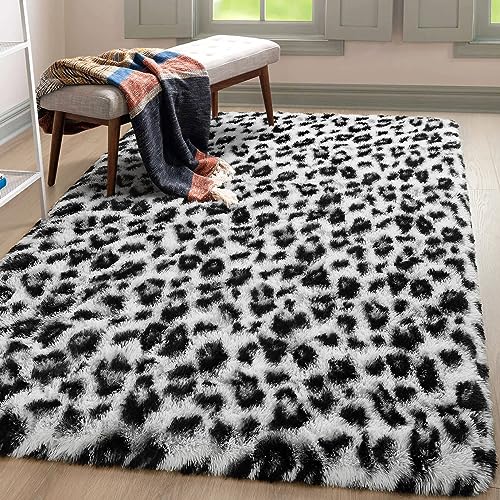 BENRON Fluffy Bedroom Rug Leopard Rug for Living Room Black and White Area Rug 4x6 Ft Cute Cheetah Print Rug for Kids Girls Boys Nursery Room Decor Alfombras para Salas