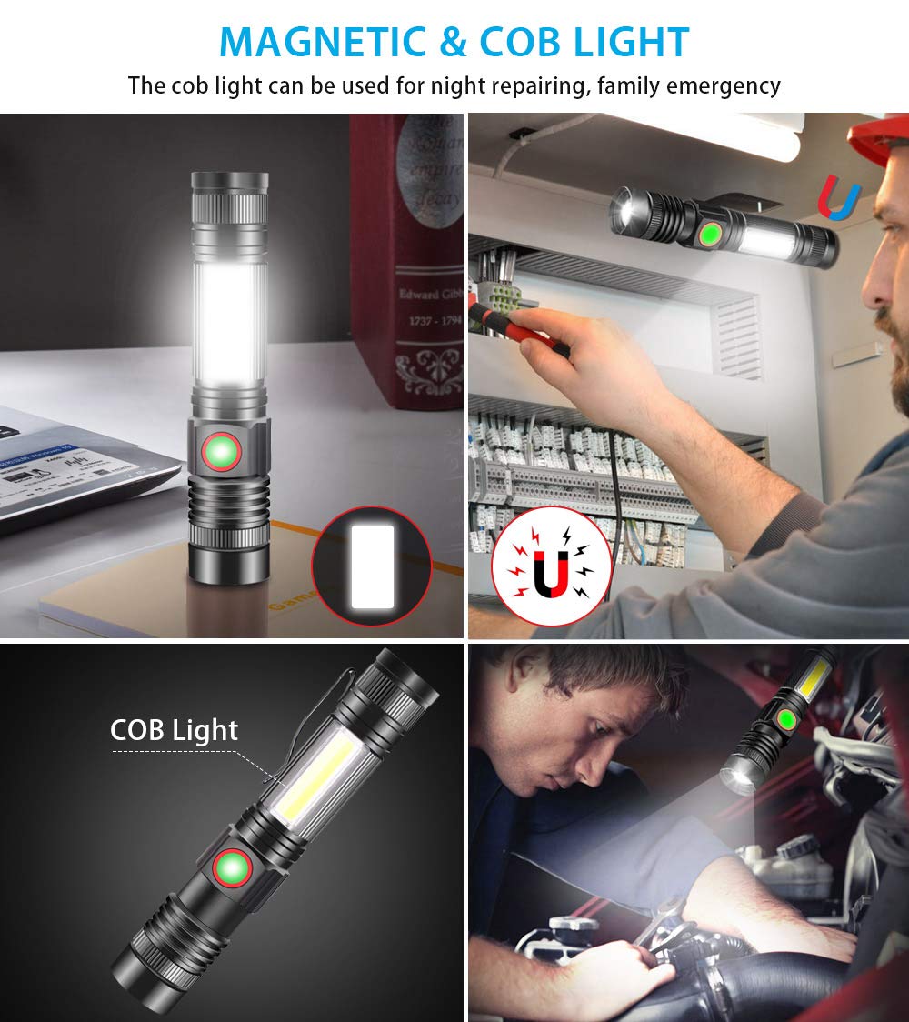iToncs LED Tactical Flashlight, Magnetic Flashlight, 1000 Lumens Super Bright Flash Light with COB Work Light, Waterproof, 4 Modes, Pocket LED Flashlights for Outdoor Camping Emergency