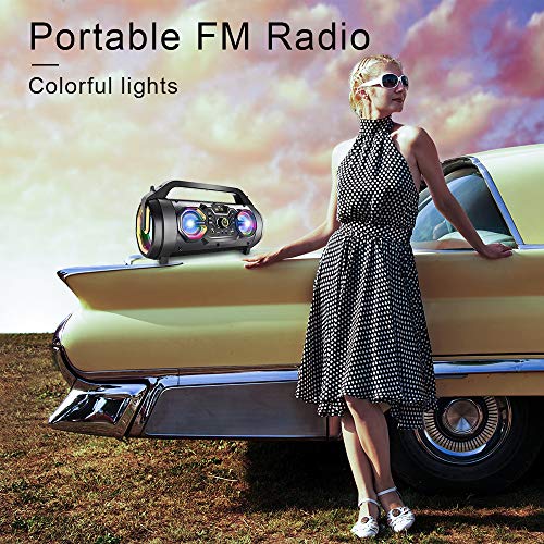 Bluetooth Speaker, 30W Portable Bluetooth Boombox with Subwoofer, FM Radio, RGB Colorful Lights, EQ, Stereo Sound, Booming Bass, 10H Playtime Wireless Outdoor Speaker for Home, Party, Travel, Camping