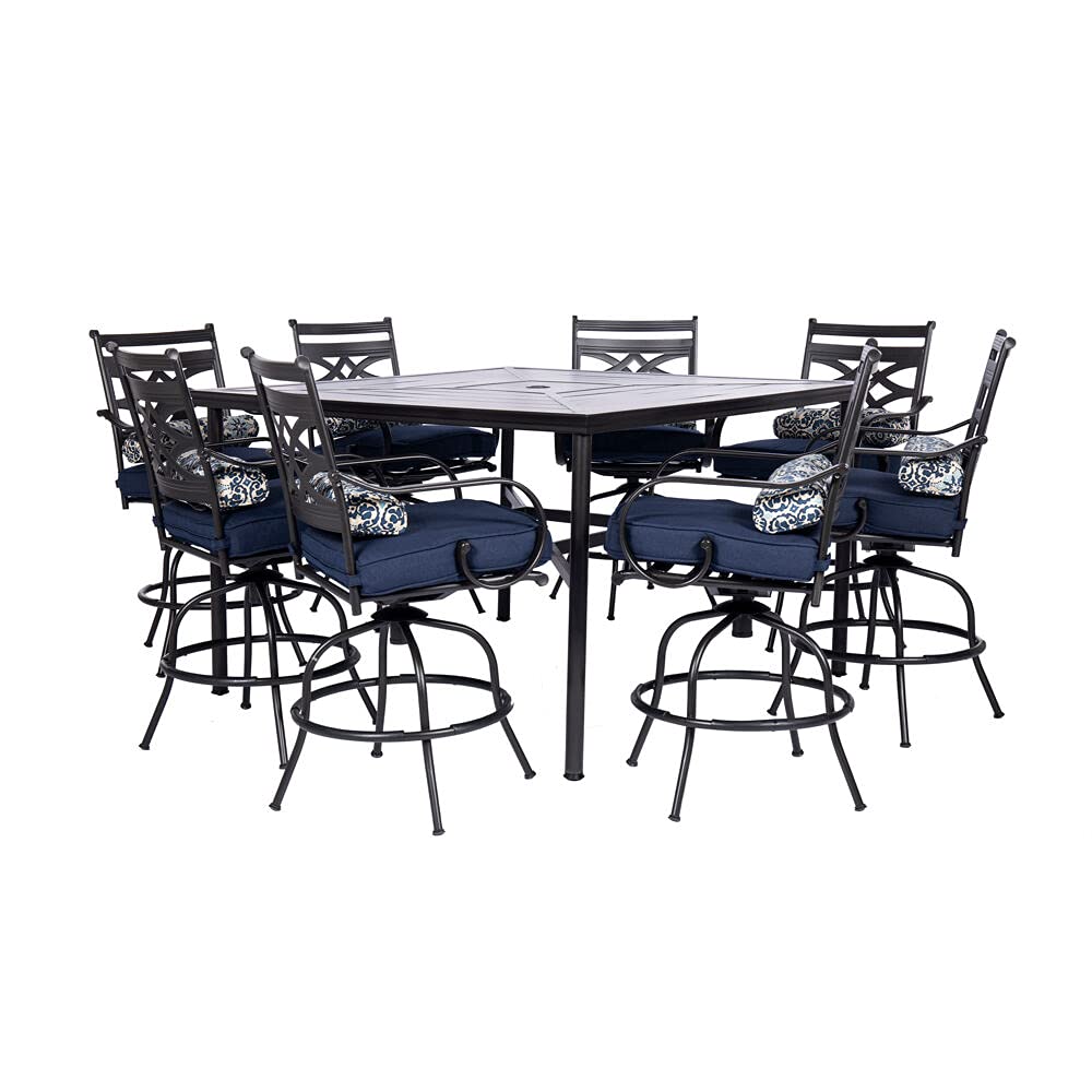 Hanover Montclair 9-Piece Outdoor Dining Set, 8 Swivel Counter-Height Chairs with Comfortable Seat and Lumbar Cushions, 60" Square Stamped Rectangle Table, All-Weather Outdoor Patio Dining Set for 8