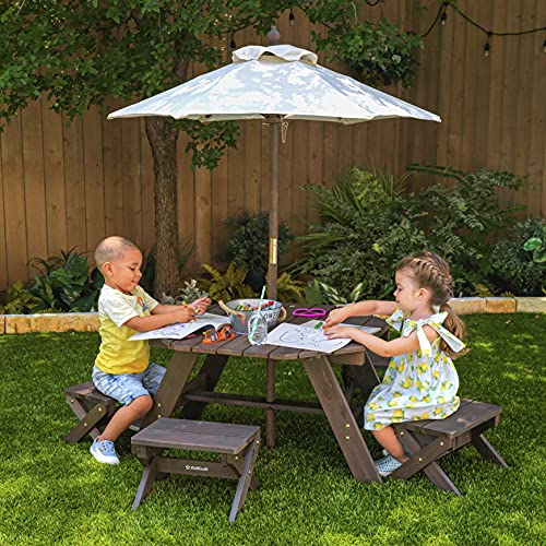 KidKraft Wooden Octagon Table, Stools & Umbrella Set, Kids’ Outdoor Furniture, Gift for Ages 3-8, Amazon Exclusive