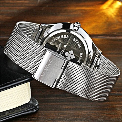 MASTOP Men Watch Ultra Thin Watches Stainless Steel Mesh Band Quartz Wristwatch Fashion Date Waterproof Watches (Black Silver)