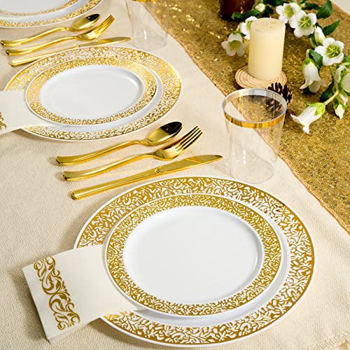 175 Piece Gold Dinnerware Set 25 Guest-50 Gold Lace Plastic Plates-25 Gold Plastic Silverware-25 Gold Plastic Cups-25 Linen Like Gold Paper Napkins, FOCUSLINE Disposable Dinnerware Set