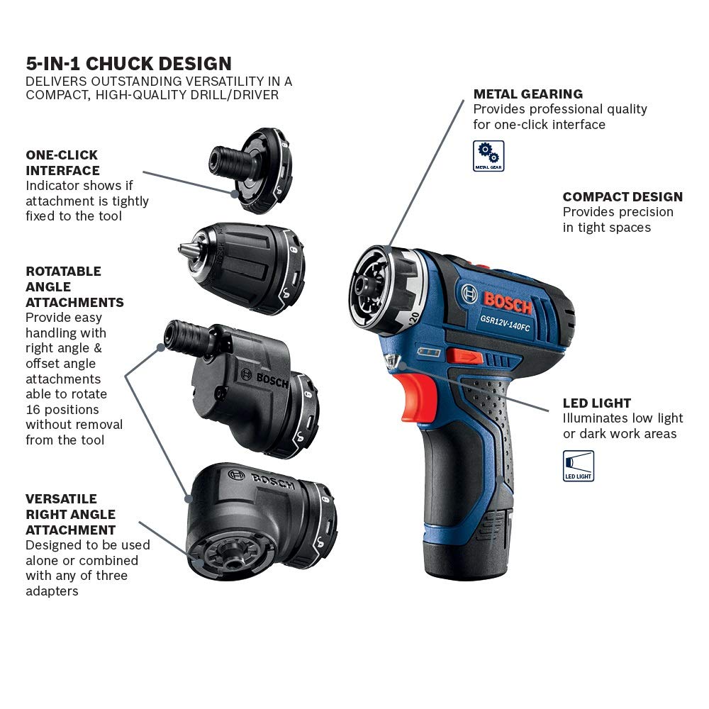 Bosch GSR12V-140FCB22 Cordless Electric Screwdriver 12V Kit - 5-In-1 Multi-Head Power Drill Set